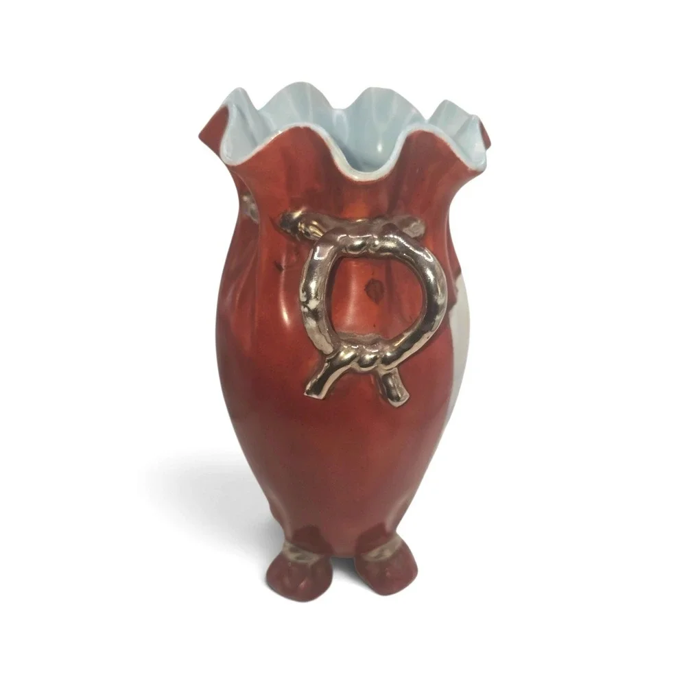 Antique Prussia Depon Style Handmade Ceramic Handpainted Floral Vase Red Silver